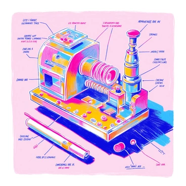 An exploded view of a tattoo machine displays all its internal components clearly. The frame is shown in a metallic finish, with the electromagnetic coils prominently featured. The needle assembly is separated, illustrating the needle, tube, and grip. The power supply is visible, connected to the machine by wires. Each component is labeled with clear annotations, highlighting parts such as the armature bar, springs, and contact screws. The background is simple to ensure focus on the intricate details of the tattoo machine parts.