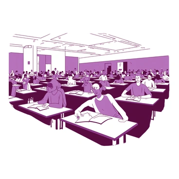 Rows of students are sitting at individual desks in a large examination hall. Each student is focused and concentrating on their exams, with some leaning slightly forward while others have their pens poised over their papers. The hall has high ceilings and is lit by soft overhead lights, creating a calm atmosphere. The walls are adorned with muted colors, contributing to the quiet environment. In the background, two proctors are walking between the rows, ensuring the students remain focused on their work.