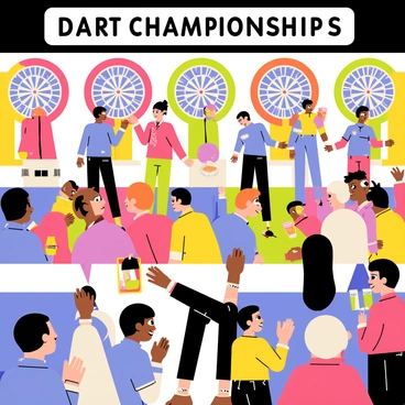 A dart championship scene featuring multiple players standing at brightly colored dartboards, focused on their throws. Each player is dressed in unique attire, showcasing various team colors. The spectators surround the players, with animated expressions of excitement and anticipation. Some spectators are clapping, while others are leaning forward in their seats. The atmosphere is lively, with people holding drinks and snacks, and a banner reading "Dart Championship 2023" hanging above.