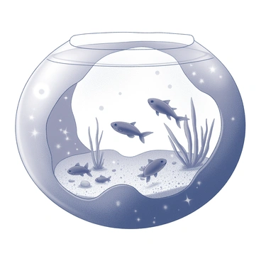 An aquarium in the shape of a constellation is filled with various fish. The fish are swimming gracefully throughout the uniquely designed aquarium, which features curved edges resembling stars connected by lines. The inner walls of the aquarium showcase aquatic plants and gravel mimicking a celestial environment. The water is clear, allowing an unobstructed view of the fish as they navigate through the constellation-shaped structure.
