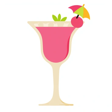 A vibrant pink cocktail made with lychee is served in an elegant, curved glass. The glass features a decorative rim, and a tiny, colorful umbrella is perched on the edge. The cocktail is garnished with a slice of fresh lychee and a sprig of mint, adding a touch of green. The background is bright, enhancing the lively appearance of the drink.