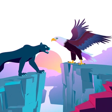 A powerful panther with sleek black fur, sharp claws, and intense green eyes stands poised on the edge of a rocky cliff. Opposite it, a majestic eagle with a wingspan extended wide, feathered in deep browns and whites, is perched alertly, its piercing yellow beak open slightly as if ready to screech. The sun sets behind them, casting a warm golden light over the scene. The cliff features jagged rocks and sparse vegetation, framing the two animals in a tense standoff. The background shows a vast expanse of mountains and valleys, with a hint of mist rising from below, adding a sense of depth to the dramatic encounter.