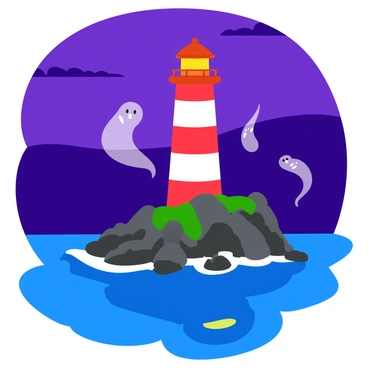 A tall lighthouse stands on a rugged, rocky shore, its white and red stripes vivid against the blue ocean. The lighthouse beam of light shines brightly, cutting through the twilight. Ethereal, ghostly apparitions appear to swirl gracefully around the beam of light, their translucent forms softly glowing. The rocks below are jagged and uneven, with some patches of green seaweed clinging to them. The sky is a gradient of deep purple and navy, dotted with a few scattered clouds.