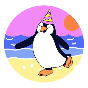 Feathers McGraw is depicted dancing joyfully on a sandy beach. The character has a distinctive penguin appearance and is wearing a colorful party hat. In the background, the ocean waves gently crash against the shore. The sun is setting, casting a warm orange glow over the scene. The sky is filled with vibrant hues of pink and purple, enhancing the joyful atmosphere of the moment.