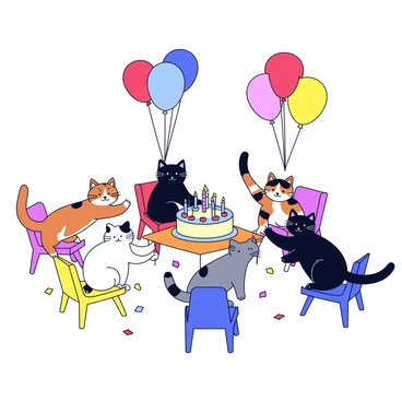 A group of five playful cats engaged in a game of musical chairs at a birthday party. Each cat has a unique fur pattern: one is a fluffy white Persian, another is a sleek black Siamese, a third is a spotted Bengal, the fourth is a grey tabby, and the last is a calico. The cats are positioned around colorful, small chairs in bright colors like red, blue, and yellow. Balloons in various shapes float above them, and a large birthday cake sits on a nearby table, decorated with candles. Confetti is scattered on the floor, adding to the festive atmosphere.