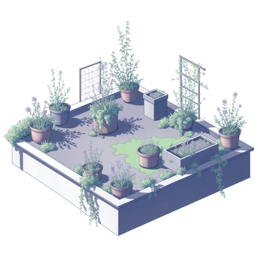 A rooftop garden filled with an abundance of wild plants and climbing vines. The garden features various species of greenery, with leafy vines cascading over the edges of the rooftop. There are patches of wildflowers interspersed among the dense foliage. The scene includes terracotta pots and wooden planters, some of which are partially hidden by the overgrowth. There are remnants of original garden structures, such as a trellis and a small raised bed, now enveloped by the flourishing vegetation.