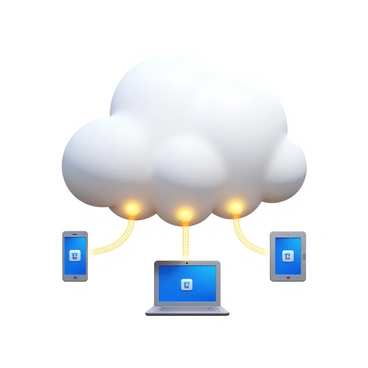 A fluffy white cloud with a soft, rounded shape, featuring various digital devices connected to it by thin, glowing lines. The devices include a smartphone, a tablet, and a laptop, each displaying icons representing different applications. The cloud has a slight shadow underneath, creating a sense of dimension. The background is a simple gradient to enhance the cloud and devices.