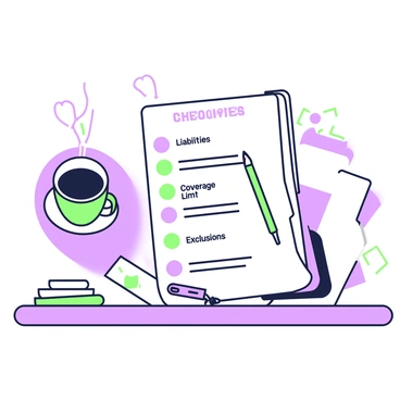 A checklist of items to review in a contract of indemnity is neatly laid out on a desk. The checklist features bullet points with clear headings such as "Liabilities," "Coverage Limits," and "Exclusions." Next to the checklist, there is a coffee cup, placed on a coaster, with steam rising gently from it. The desk has a polished wood finish with a few scattered papers and a pen positioned beside the checklist. In the background, a soft light illuminates the workspace, creating a focused environment.