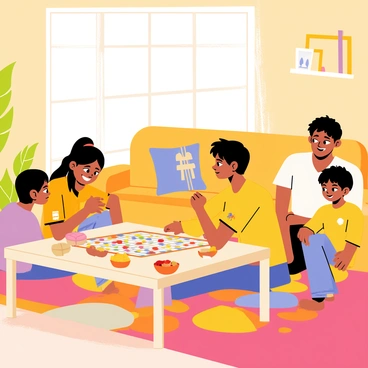 An Indian boy sitting on a colorful rug in a lively living room, engaged in a board game with his family. The boy has dark hair and is wearing a bright shirt. His parents and younger sister are seated around him, smiling and focused on the game. The living room is decorated with traditional Indian artifacts and has a cozy sofa in the background. A wooden coffee table displays the board game, and there are snacks in bowls nearby. Natural light streams in through a window, creating a warm atmosphere.