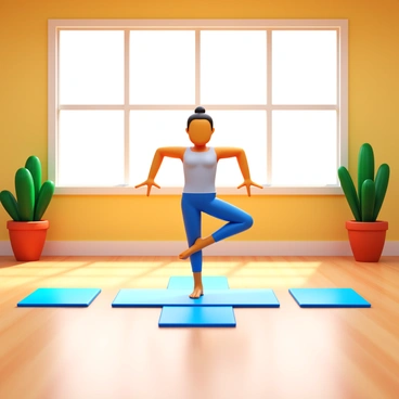 A yoga studio with soft wooden floors and large windows allowing natural light to enter. In the foreground, a yogi performs a skull crusher while balancing on one leg in a yoga pose. The yogi is wearing comfortable athletic clothing and has a focused expression. Around the yogi, yoga mats are neatly arranged, and there are potted plants in the corners of the room. The walls are painted in calming colors, creating a peaceful atmosphere.