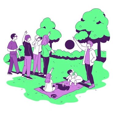 A group of people is gathered in a park, eagerly watching a solar eclipse while wearing protective glasses. They are standing on a green grassy area, with some individuals pointing up towards the sky. Nearby, there are a few blankets spread out on the grass, with children sitting and looking up, their faces filled with excitement. In the background, a couple of trees frame the scene, their leaves gently swaying in the breeze. The sunlight casts playful shadows on the ground, enhancing the atmosphere of this special celestial event.