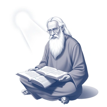 A wise sage illuminated by a beam of celestial light while reading an ancient book