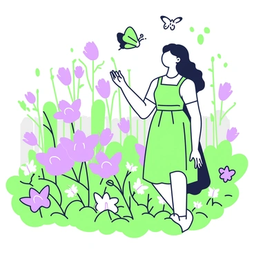 A woman with long hair, wearing a simple dress, is standing in a garden filled with flowers. She is gazing intently at several butterflies fluttering around her. The butterflies have delicate wings and are seen hovering above vibrant blossoms. The garden is lush, featuring a variety of flowers at different heights, with green leaves surrounding them. In the background, there are hints of a wooden fence and soft, dappled sunlight filtering through the foliage.