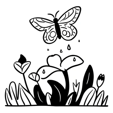 A butterfly with intricate wing patterns hovering above a crushed flower in a garden. The garden is filled with various plants and leaves, creating a lush backdrop. Below the butterfly, delicate drops representing tears are falling onto the petals of the crushed flower. The crushed flower shows bent petals and a broken stem, surrounded by blades of grass. The overall scene conveys a sense of loss within the vibrant garden setting.