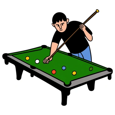 A billiard player with light skin and short black hair is standing at a green felt pool table, leaning over the table to take a shot. He is wearing a black shirt and dark jeans. His eyes are narrowed in concentration, and his brow is slightly furrowed as he aligns the cue stick with the cue ball. The surrounding environment is filled with colorful billiard balls arranged on the table, and there is a subtle reflection of light on the polished surface of the cue stick.