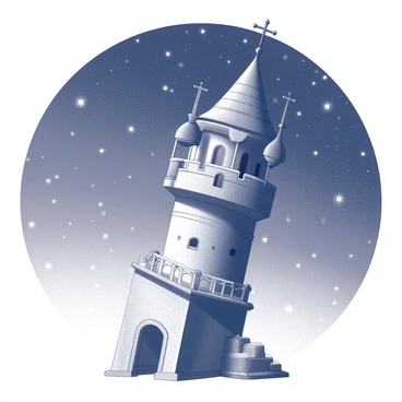 The iconic Tower of Art, a towering, crooked structure under a starry sky
