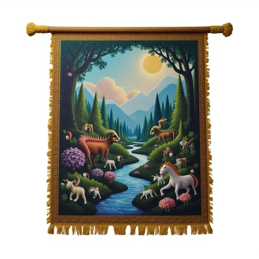 A tapestry woven with intricate threads of gold, showcasing a vibrant and detailed fantasy scene. The design includes mythical creatures such as dragons and unicorns, surrounded by lush, enchanted forests and sparkling rivers. The colors of the threads are rich and varied, with deep blues, greens, and purples dominating the landscape. The edges of the tapestry are fraying, showing signs of wear and age, adding character and a sense of history to the piece.