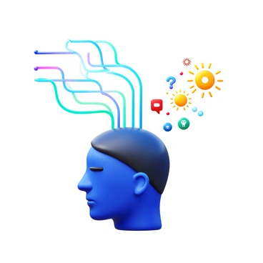 A representation of "streams of digital data" in vibrant colors flowing towards a human head. The head is depicted in a semi-profile view, with the person's eyes closed, suggesting deep contemplation. The data is illustrated as glowing lines or binary code, reflecting a sense of connection and information transfer. "Insights" are visualized as bright, radiant symbols and icons emerging from the head, symbolizing ideas and knowledge being generated from the incoming data. The overall scene conveys a dynamic interaction between technology and human thought.
