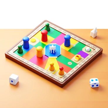 A board game displayed on a wooden table. The game features a colorful game board with intricate designs and a light brown border. There are 8 game pieces in total, with 7 pieces actively positioned on the board, showcasing a vibrant variety of colors such as red, blue, green, yellow, purple, orange, and pink. Each piece is uniquely shaped, like a pawn, a knight, a castle, and a dice. The game board has sections indicating different zones and paths. The eighth piece, a white pawn, remains off the board, symbolizing the fraction "8/7." The overall scene is well-lit, emphasizing the details of the game pieces and the board layout.