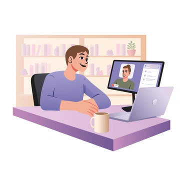 A person sitting at a desk participating in a video call. The person has light skin and short brown hair, wearing a casual blue shirt. They are looking at the laptop screen, which displays the image of a client on the video call. On the desk, there is a silver laptop open, with a coffee cup placed nearby. The coffee cup is white with a simple design. In the background, there are shelves with books and a potted plant, adding to the workspace ambiance. The lighting in the room is warm, creating a welcoming atmosphere.