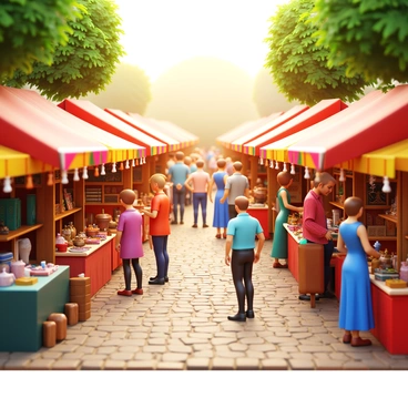 A vintage market scene with various stalls showcasing unique items. People are browsing through the stalls, inspecting antiques, handmade crafts, and vintage clothing. Some individuals are engaged in conversation while others are carefully examining items. The stalls are adorned with colorful banners, and the ground is covered with a mix of cobblestones and wooden planks. A warm light filters through the trees surrounding the market, creating a cozy atmosphere.