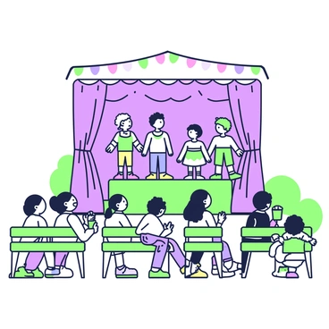 A lively puppet show is taking place in a small outdoor theater. On the stage, there are miniature "chouette" puppets, each one crafted with intricate details, standing on colorful puppet stands. The puppets are depicted with large expressive eyes and vibrant outfits, capturing the attention of the audience. In the foreground, a diverse crowd of children and adults are seated on wooden benches, laughing and clapping. Some audience members are leaning forward in excitement, while others are holding popcorn and drinks. Colorful streamers are hanging above the stage, adding to the festive atmosphere. The background features a simple curtain drawn back, revealing the playful antics of the puppets.