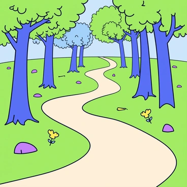 A winding path that curves gently through a lush green forest. The path is lined with vibrant green grass and small wildflowers in shades of yellow and purple. Tall trees with thick trunks and a rich canopy of leaves create a sense of depth and shade across the path. Sunlight filters through the leaves, casting dappled shadows on the ground, highlighting the journey ahead. Small stones and twigs are scattered along the path, adding texture to the scene.