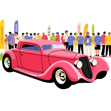 A custom-built hot rod with a shiny red body and chrome detailing is parked prominently at a car enthusiast meet. The hot rod features a long hood and large rear tires, showcasing its sleek design. Bright sunlight reflects off the polished surfaces, creating a sparkling effect. Surrounding the hot rod, a diverse group of enthusiastic car fans are gathered, admiring the vehicle and discussing its features. Colorful banners and flags from various car brands are visible in the background, adding to the lively atmosphere of the event.