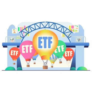 A cluster of colorful hot air balloons, each featuring distinct "ETF" logos in bold lettering, is floating gracefully beneath a large, sturdy bridge. The bridge is intricately designed, with arches and beams, and is embellished with vibrant financial graphs and charts in various colors, representing stock trends. The background is filled with a clear blue sky, and the scene is illuminated by soft sunlight, creating a lively atmosphere. The balloons vary in size and color, ranging from bright reds and blues to sunny yellows and greens, adding to the dynamic visual appeal of the image.