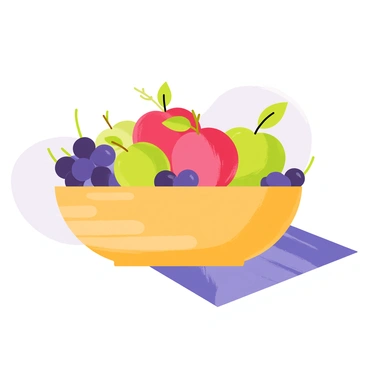 A vibrant fruit bowl placed in the center of a 20 by 30 illustration board. The bowl is made of smooth, polished wood and is filled with several red and green apples, each with a glossy surface and a small leaf attached. Surrounding the apples are clusters of purple grapes with rich, dark hues and a slight sheen. The bowl sits on a soft, textured cloth that adds contrast to the scene, and there are small reflections of light dancing on the fruits, enhancing their freshness. The background is a subtle gradient that complements the colors of the fruits.