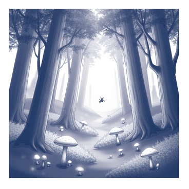 A dense forest filled with towering trees. The trunks are thick and gnarled, with lush foliage sprawling high above. The ground is covered with various sizes of mushrooms, some of which emit a soft, glowing light. Small creatures, resembling fairies, flit between the trees, their wings shimmering in the dim light. In the background, a gentle mist weaves through the underbrush, adding an air of mystery. The atmosphere suggests enchantment and wonder, inviting exploration through the magical landscape.
