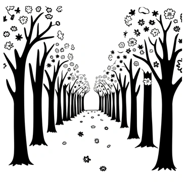 An avenue lined with tall trees, their trunks sturdy and textured, extending upwards. The branches are filled with detailed leaves, showcasing intricate shapes while capturing the essence of autumn. Some leaves are shown falling gently to the ground, creating a layered effect on the pathway. The ground is dotted with fallen leaves, adding depth to the scene. The sky above is clear, providing a contrast to the dark outlines of the trees.
