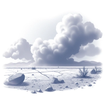 A vast landscape characterized by cracked earth and scattered rocks. In the center of the image, a powerful dust storm is depicted as swirling clouds of dust and debris, with strong winds visibly pushing the particles through the air. The sky is filled with dark, ominous clouds, and the horizon is blurred by the intensity of the storm. The barren land features a few stunted shrubs, struggling against the harsh conditions, while the overall atmosphere conveys a sense of turmoil and movement.