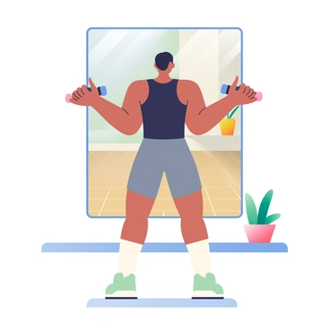 A person with light brown skin is standing in front of a large mirror, practicing lateral raises. They have short black hair and are wearing a fitted black tank top and gray workout shorts. Their arms are extended out to the sides, holding a pair of small dumbbells. The mirror reflects their focused expression, highlighting their dedication to maintaining good posture. The background features a wooden floor and a few potted plants, creating a workout environment. The floor is well-lit, emphasizing the person's form and movements.