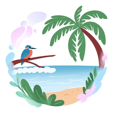 A kingfisher with vibrant blue and orange plumage is perched on a branch of a palm tree. The palm tree has long, arching fronds swaying gently in the breeze. In the background, the ocean waves are rolling onto a sandy shore, creating a foamy white crest. The sky is a bright gradient of pastel colors, transitioning from soft pinks to light blues. Lush green foliage surrounds the scene, adding to the tropical ambiance.