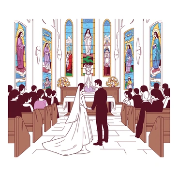 A traditional church wedding ceremony takes place inside a spacious church adorned with intricate details. The walls are lined with tall stained glass windows depicting various religious scenes, allowing vibrant light to filter through and cast colorful patterns on the stone floor. In front of the altar, a couple stands facing each other, dressed in elegant wedding attire. The bride wears a flowing white gown, and the groom is in a classic black suit. Surrounding them are family and friends seated on wooden pews, all focused on the couple as they exchange vows. Floral arrangements in soft colors adorn the altar, adding to the beauty of the scene.