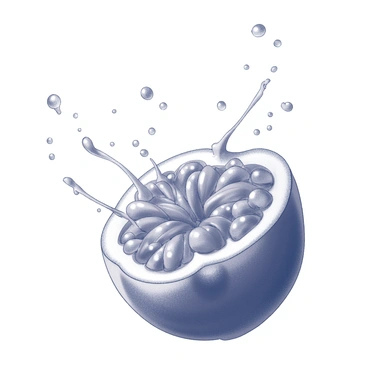 A close-up view of droplets of juice in mid-air, splashing outward from a freshly cut passion fruit. The fruit is halved, revealing its vibrant, textured interior filled with seeds and juice. The droplets capture the moment of explosion, glistening as they catch the light, creating a dynamic and lively scene. Each droplet varies in size, with some large and round while others are smaller and elongated. The background is softly blurred to emphasize the passion fruit and the splashing juice.