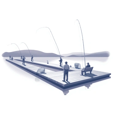 A fishing dock extending into calm waters. Several fishermen are positioned along the dock, each focused on casting their lines. Some fishermen are standing, while others are sitting on wooden benches. The dock is made of weathered wood, with ropes and fishing nets scattered around. In the background, the silhouette of rolling hills surrounds the lake, creating a serene atmosphere. The surface of the water reflects the surrounding landscape, adding to the peaceful scene.
