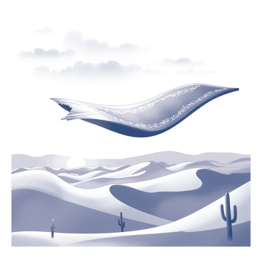 A magic carpet gliding smoothly through the sky. The carpet has intricate patterns woven into its fabric, showcasing delicate designs. Below, an expansive desert stretches out, with rolling sand dunes that create a wavy texture in the landscape. The sun is setting on the horizon, casting elongated shadows across the dunes. Silhouettes of cacti and sparse desert vegetation dot the landscape. The sky is filled with dynamic clouds, and the overall composition conveys a sense of elevation and exploration.