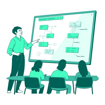 A teal coding instructor is standing next to a large whiteboard. The instructor is pointing at various colorful diagrams that illustrate different algorithms. The whiteboard is filled with handwritten notes and flowcharts in white, displaying the structure of each algorithm clearly. The instructor has a focused expression, and there are several students sitting at desks in front, all attentively looking at the whiteboard.
