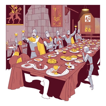 A large medieval banquet hall filled with wooden tables set with ornate plates and goblets. Knights in shining armor are seated at the tables, enjoying a feast with roasted meats, bread, and fruits. Tapestries hang from the stone walls, depicting heroic scenes. Flickering candlelight casts warm shadows around the room. At the head of the table, a knight with a golden cape raises a goblet, while another knight to his left laughs heartily, crumbs falling from his mouth. The atmosphere is lively with the sounds of clinking dishes and joyful conversation. 