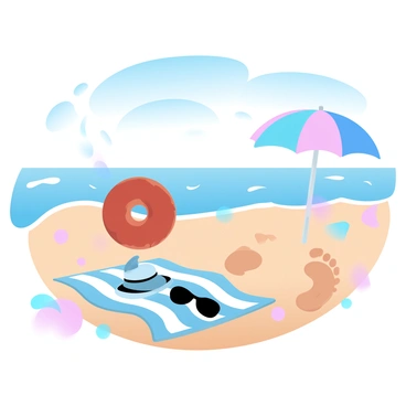 A colorful beach scene is set with a bright blue sky and gentle waves lapping at the shore. In the foreground, a large bagel, perfectly round with a golden-brown crust, is bouncing in the air, mimicking the action of a beach ball. Nearby, a striped beach towel is spread out on the sand, adorned with a sunhat and a pair of sunglasses resting on top. In the background, a vibrant beach umbrella provides shade, while colorful beach toys are scattered around. A sandy path leads to the water, where footprints are visible in the wet sand, leading towards the glistening ocean.