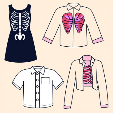 A collection of fashion sketches featuring clothing designs that integrate anatomical elements. One sketch showcases a dress with a pattern that mimics human bones, with the skeletal structure artistically outlined in white against a black fabric. Another sketch depicts a shirt embellished with muscle fibers, illustrated in red and pink, creating a visually striking contrast with the shirt's neutral tones. A third design includes a jacket shaped like a ribcage, with intricate line work that highlights the contours of the ribs. Each sketch is displayed on a light-colored background, enhancing the details of the designs.