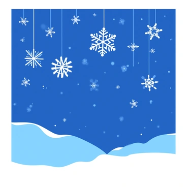 Intricate snowflake patterns falling gently against a deep blue sky