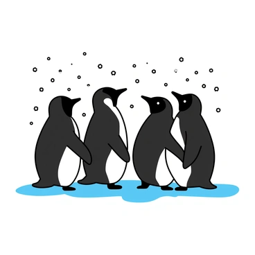 A group of five penguins, each with a distinctive black and white coloring, huddled together for warmth. Small white snowflakes are falling heavily around them, accumulating on their backs. The ground is covered in a thick layer of snow, blending with the icy landscape. The penguins are standing close, with their heads tucked in and flippers pressed against each other's sides, creating a cozy cluster amidst the winter scene. The atmosphere is tranquil, with the soft sound of falling snow.
