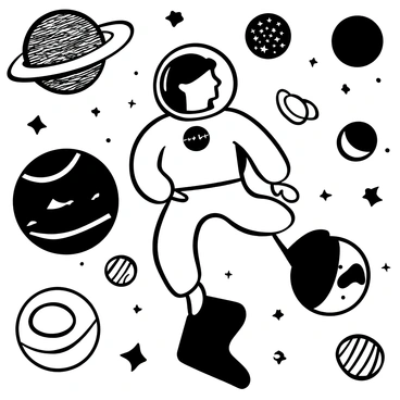 An astronaut in a spacesuit with distinct features, floating in space. The astronaut is surrounded by various planets of different sizes and shapes, some with rings and others textured in unique patterns. There are stars scattered throughout the background, adding depth to the scene. The astronaut's suit has a prominent emblem on the chest, and the visor reflects a distant planet, creating a sense of adventure.