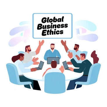 A group of five diverse individuals is sitting at a round table, each in front of their own laptops. The participants represent different countries, showcasing a variety of clothing styles that reflect their cultures. One person is wearing a traditional Indian kurta, another is dressed in a smart business suit, while the others are in casual attire with elements from their homelands. In the background, there are flags of several nations displayed on a wall. Each participant is engaged in the discussion, with their hands gesturing towards the screen. Above them, a large virtual screen displays the title "Global Business Ethics" in bold letters.