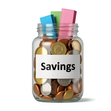 A clear glass jar labeled "Savings" in bold, black letters on a white label affixed to the front. The jar is filled to the brim with a variety of colorful coins including shiny gold, silver, and copper coins. Among the coins, there are also folded paper notes in vibrant hues of pink, blue, and green peeking out from the top. The jar is placed on a wooden surface, reflecting soft light that enhances the colors of the coins and notes inside.
