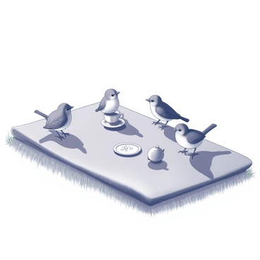 A picnic blanket spread out on the grass. Several small birds, each with distinct features, are gathered together. One bird is perched on the edge of a teacup, while another bird is pecking at a small plate of crumbs. A third bird is standing on the blanket, with its wings slightly spread as if in conversation. There are tiny teapots and plates arranged on the blanket, creating a whimsical atmosphere. The background features a few blades of grass and an open sky above.