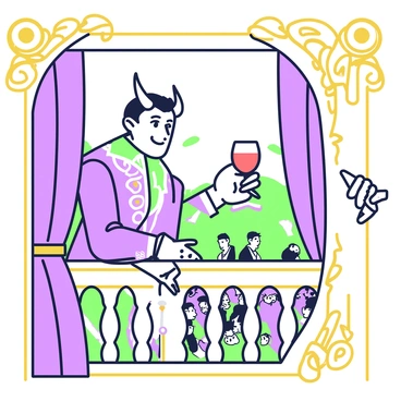 A Victorian devil is seated on a lavishly decorated private balcony overlooking an opera performance. The devil has striking horns curving elegantly from his forehead and sharp features, dressed in an elaborate Victorian suit with a high collar and intricate patterns. He is holding a glass of red wine in one hand while leaning forward in fascination. Below, the stage is set with performers dressed in period costumes, engaging in a dramatic scene. Ornate golden decorations frame the balcony, and a velvet curtain partially drapes on one side, enhancing the opulent ambiance. The devil's expression reflects a mix of intrigue and delight as he watches the performance unfold.